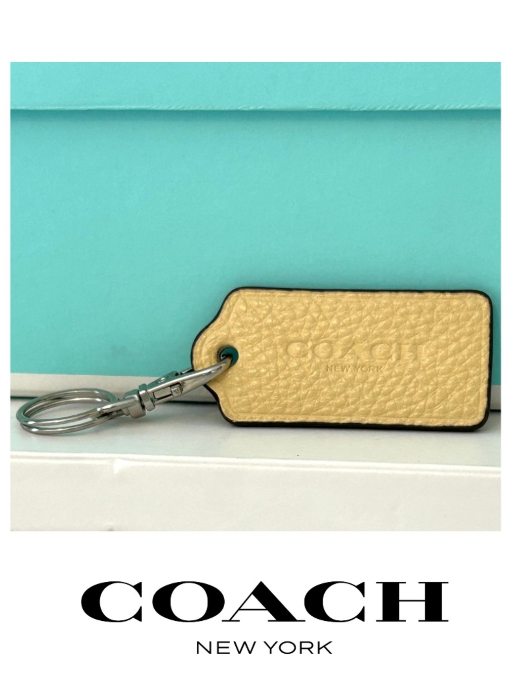 Coach Bag Logo Tag Charm Key Fob in Pale Yellow Pebble Leather